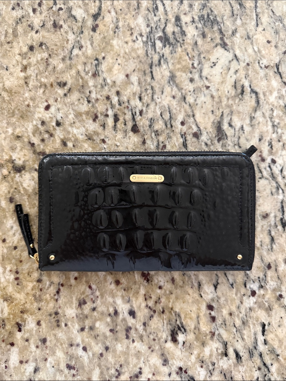Brahmin Black Patent Croc-Embossed Zip Wallet with Gold Hardware NWOT